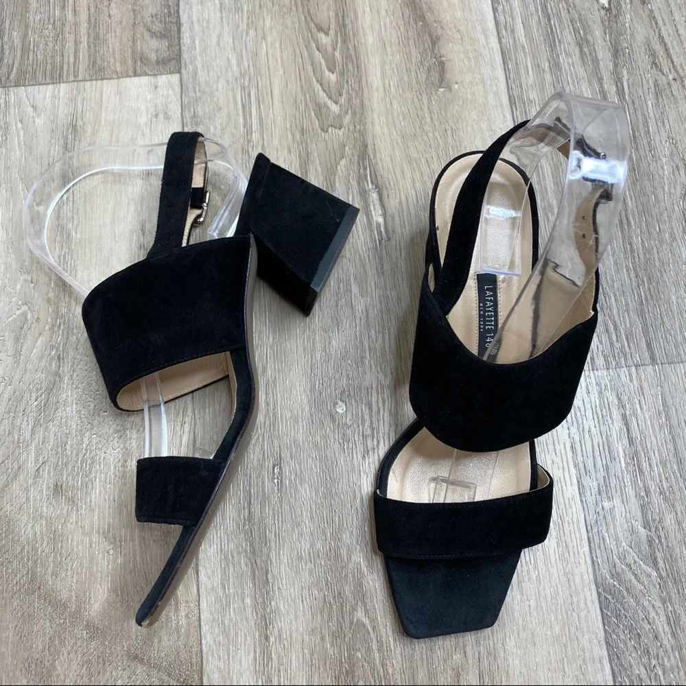 Lafayette 148 New York Black Suede Strappy Block Heel Sandals